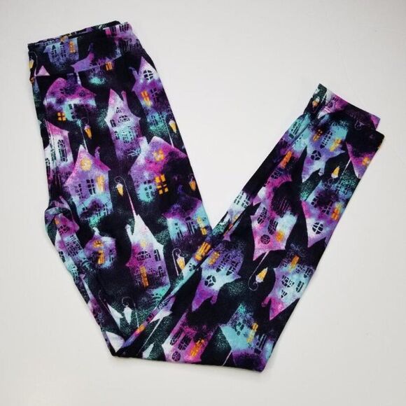 LuLaRoe Halloween Haunted House Tie Dye Leggings Multi Color OS TC2 Comfy - Picture 3 of 3